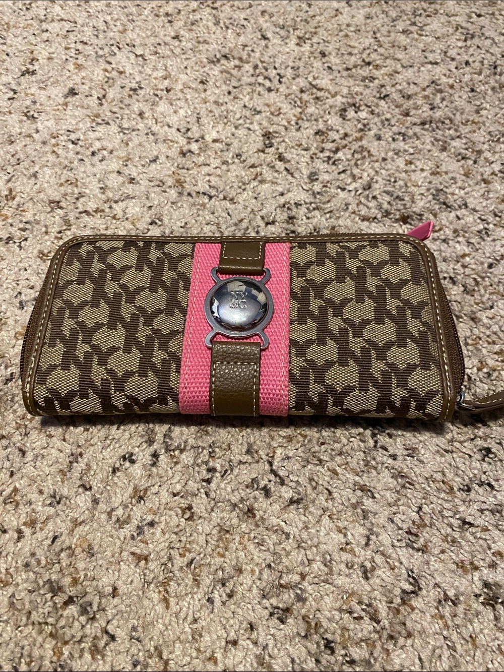 New York & Company Brown Monogram Wallet with Pink Stripe and Silver Medallion